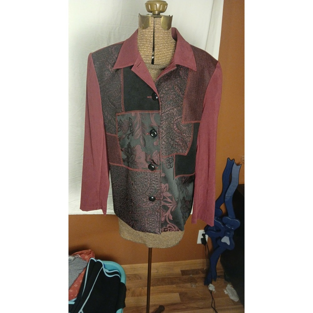 Notations Womens Patchwork Floral Brocade Metallic Jacket Burgundy L MM0J0027